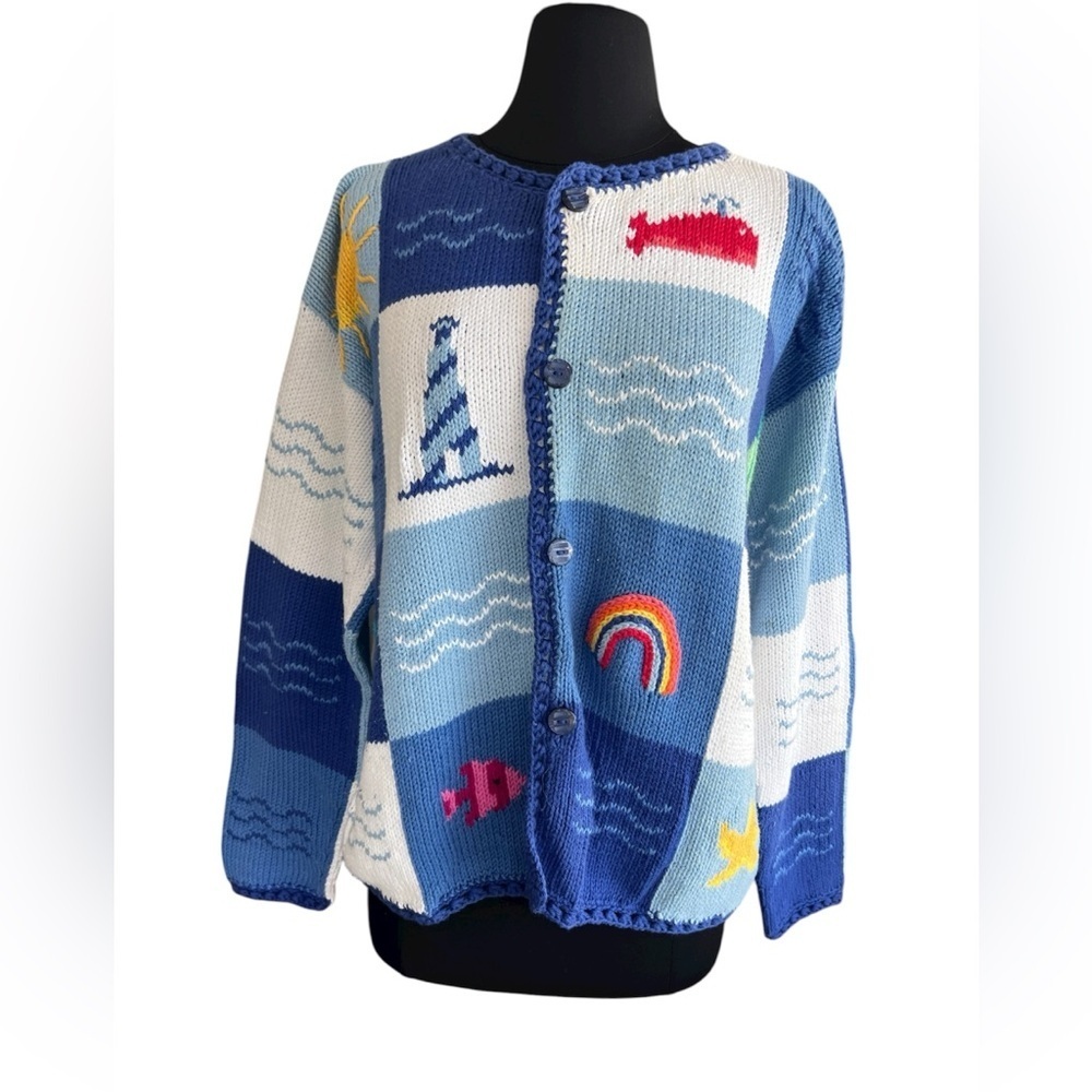 Vtg Hand Knit Cardigan Womens Large Nautical Sweater Grandmacore Cottagecore